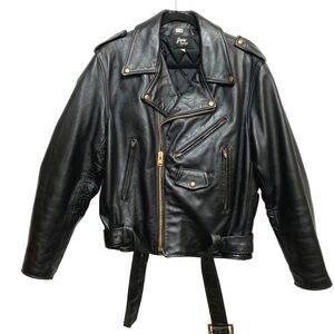 Vintage Genuine Leather Motorcycle Jacket Black Mens Size 46 Talon Zip Belted